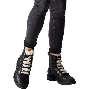 Sorel Lennox Black Shearling Waterproof Lace Cozy Ankle Boots Bootie Shoes NEW